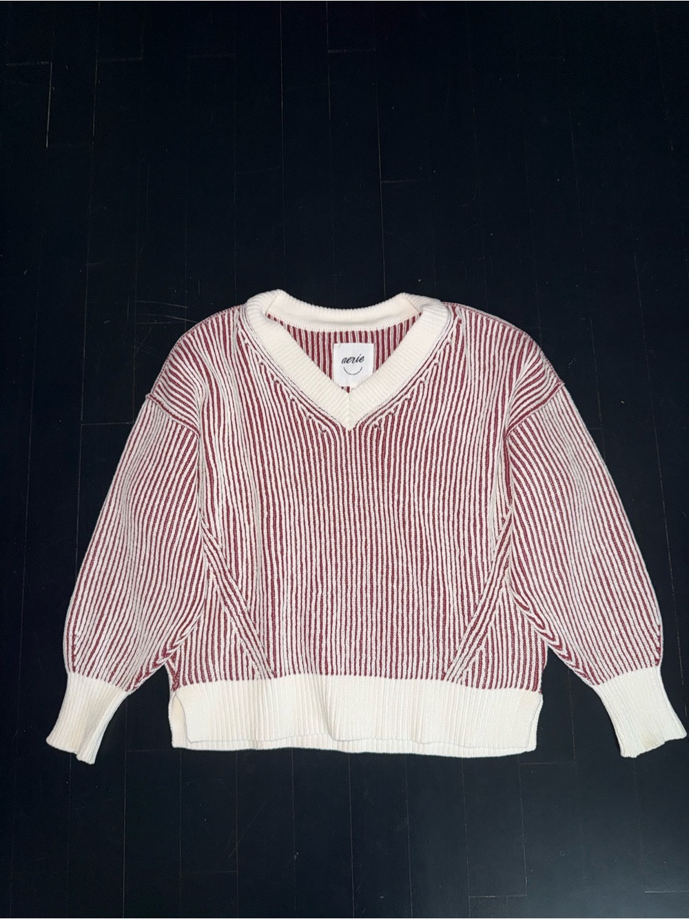 Aerie Red and Cream Striped V-Neck Sweater